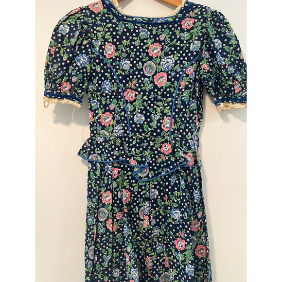 1980s Vintage Midi Dress Peplum Hem Black Polka Dot Floral Size Small JL - Picture 6 of 12